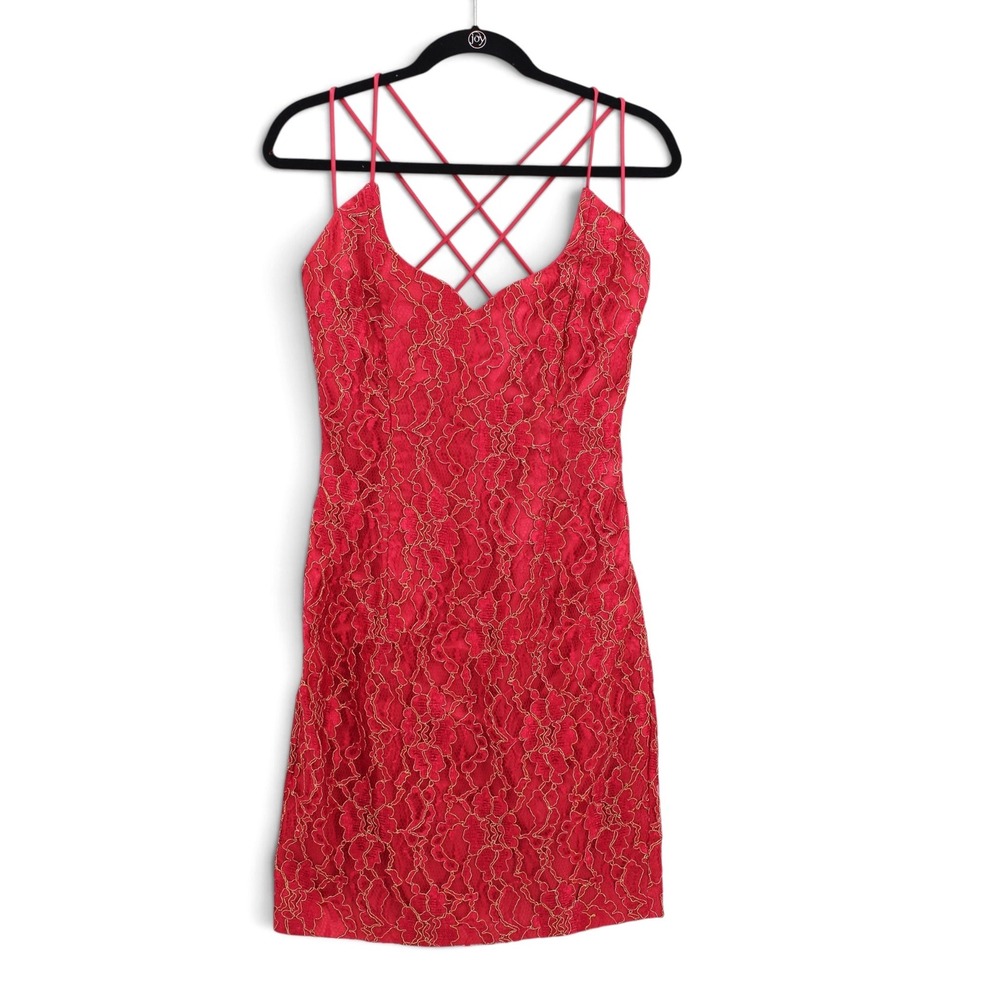 Jessica McClintock Gunne Sax Mini Dress 7/8 Red Gold Metallic Floral Lace VTG